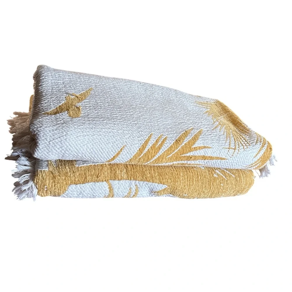 Tropical Palm Tree Throw Blanket Set of 2  - Mustard Yellow Gold and White Cream